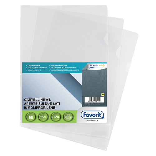 Cartelline a L Pratic - Superior - PPL - liscio - 22 x 30 cm - trasparente - Favorit - conf. 50 pezzi